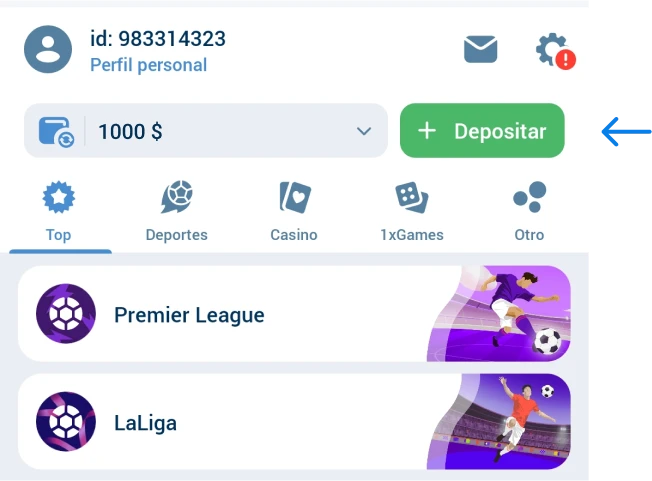 Busca y haz clic en el botón Depósito 1xbet Betapk América Latina